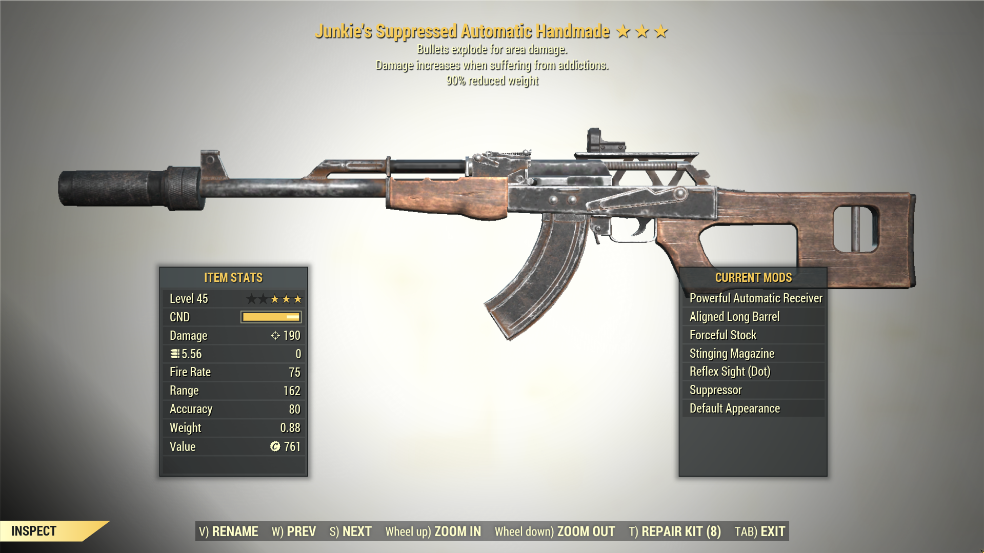 Screenshot of a Fallout 76 item for PC & Steam players, showing the stats.