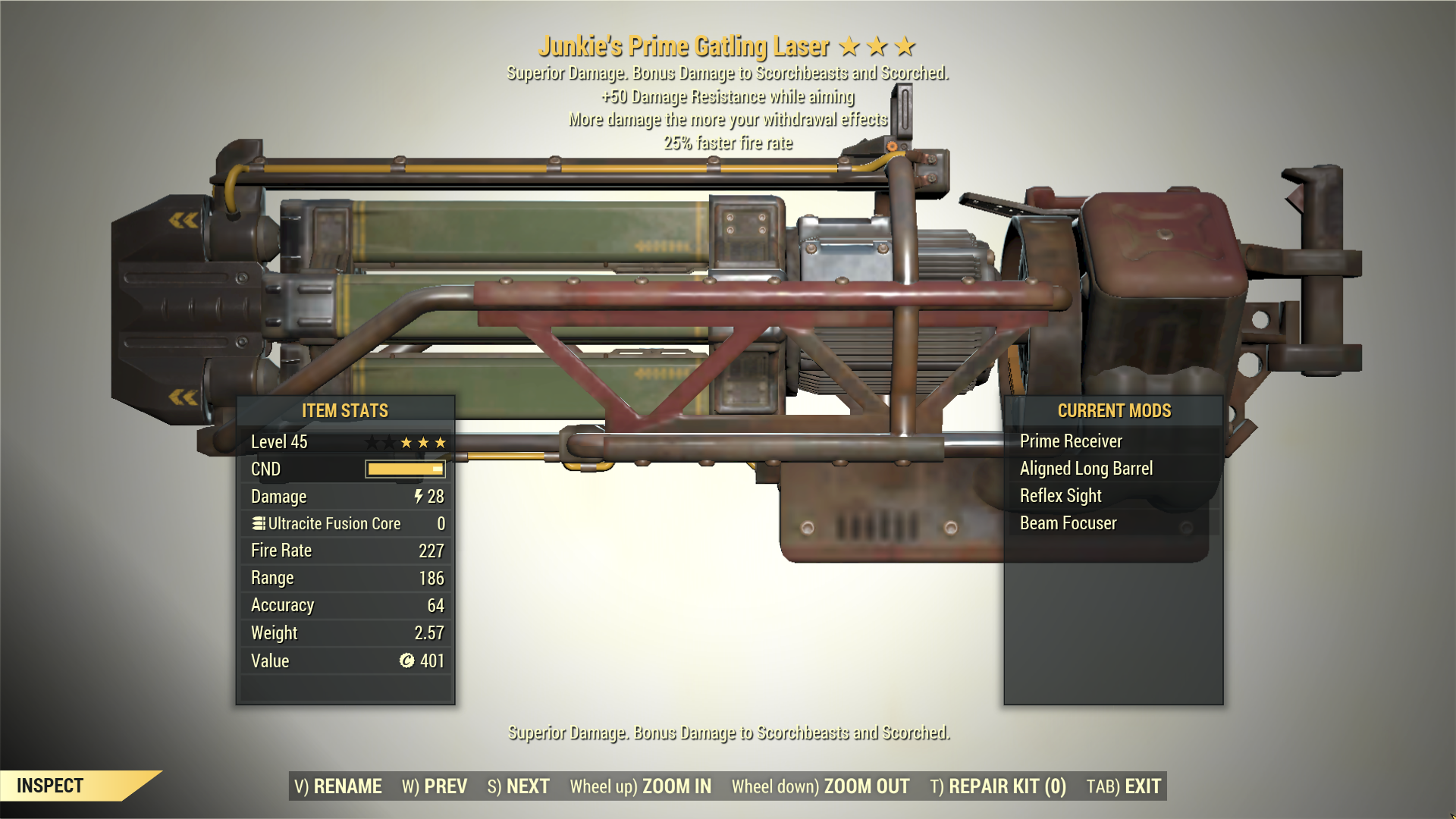 Screenshot of a Fallout 76 item for PC & Steam players, showing the stats.