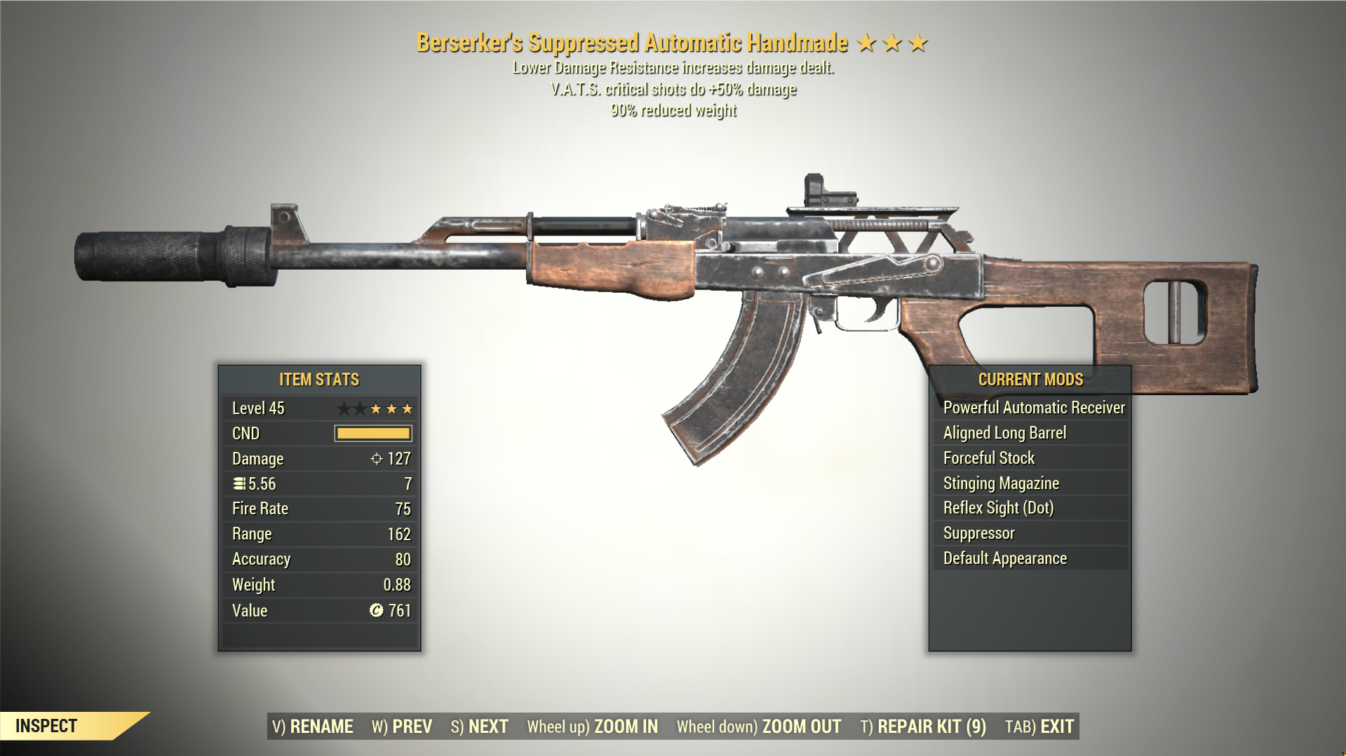 Screenshot of a Fallout 76 item for PC & Steam players, showing the stats.