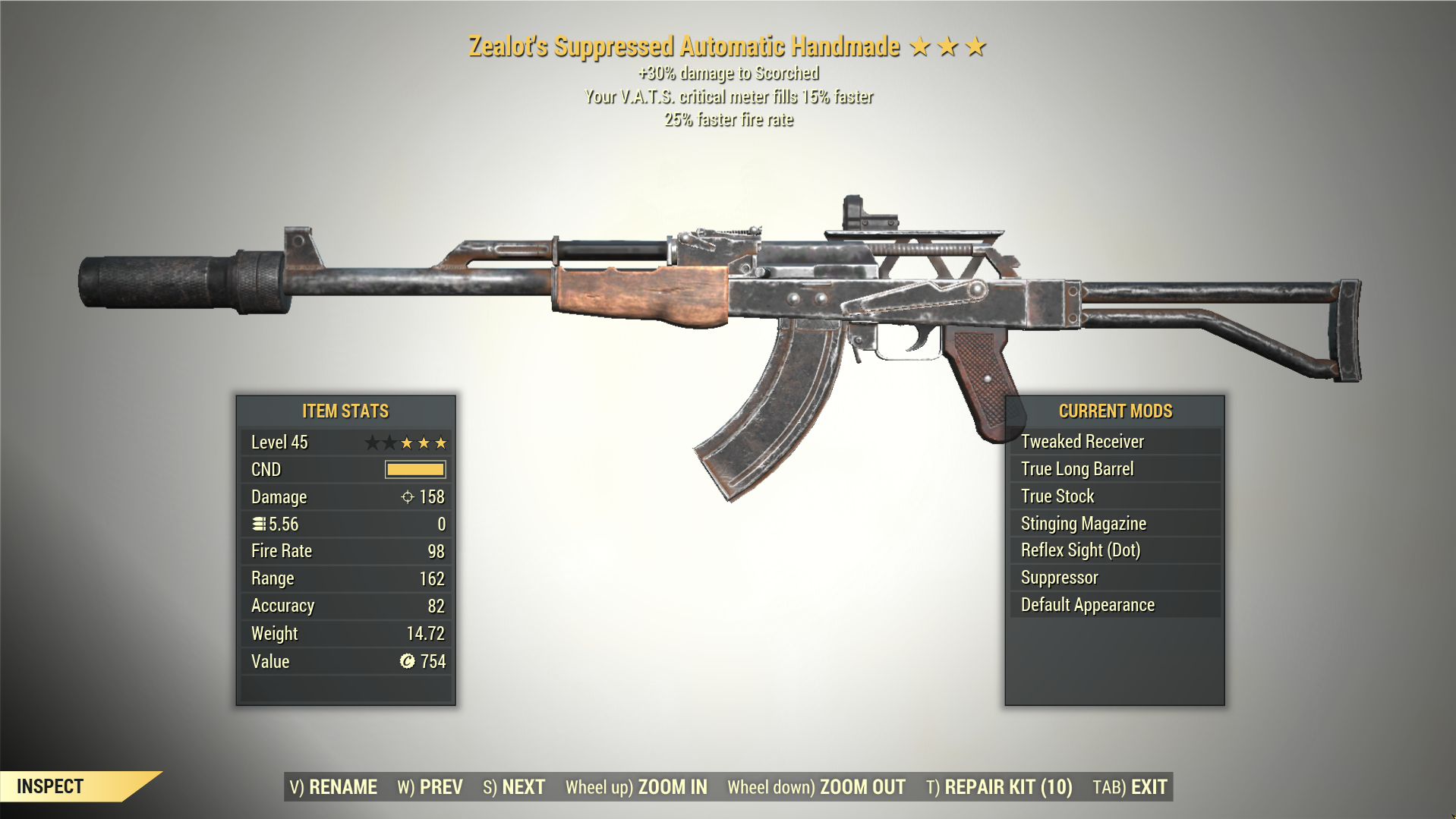 Screenshot of a Fallout 76 item for PC & Steam players, showing the stats.