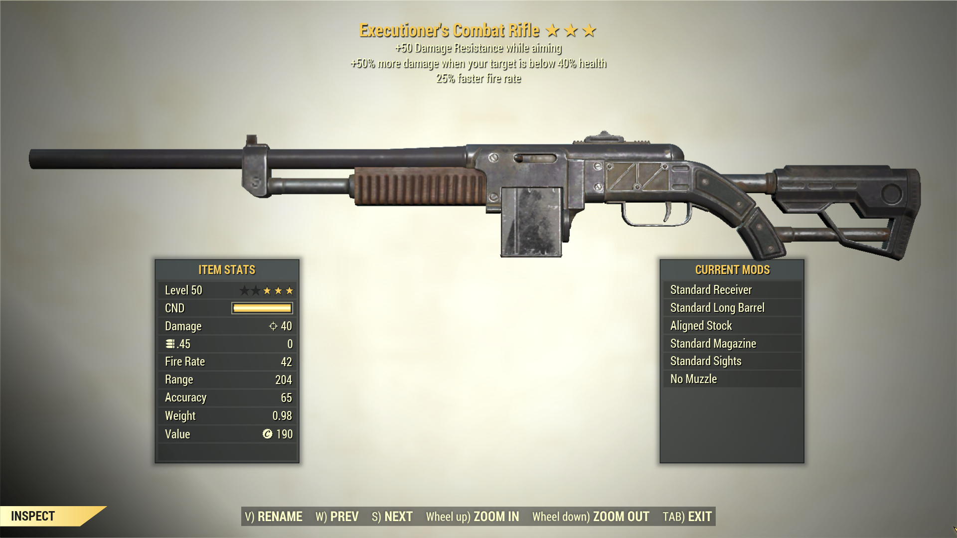 Screenshot of a Fallout 76 item for PC & Steam players, showing the stats.