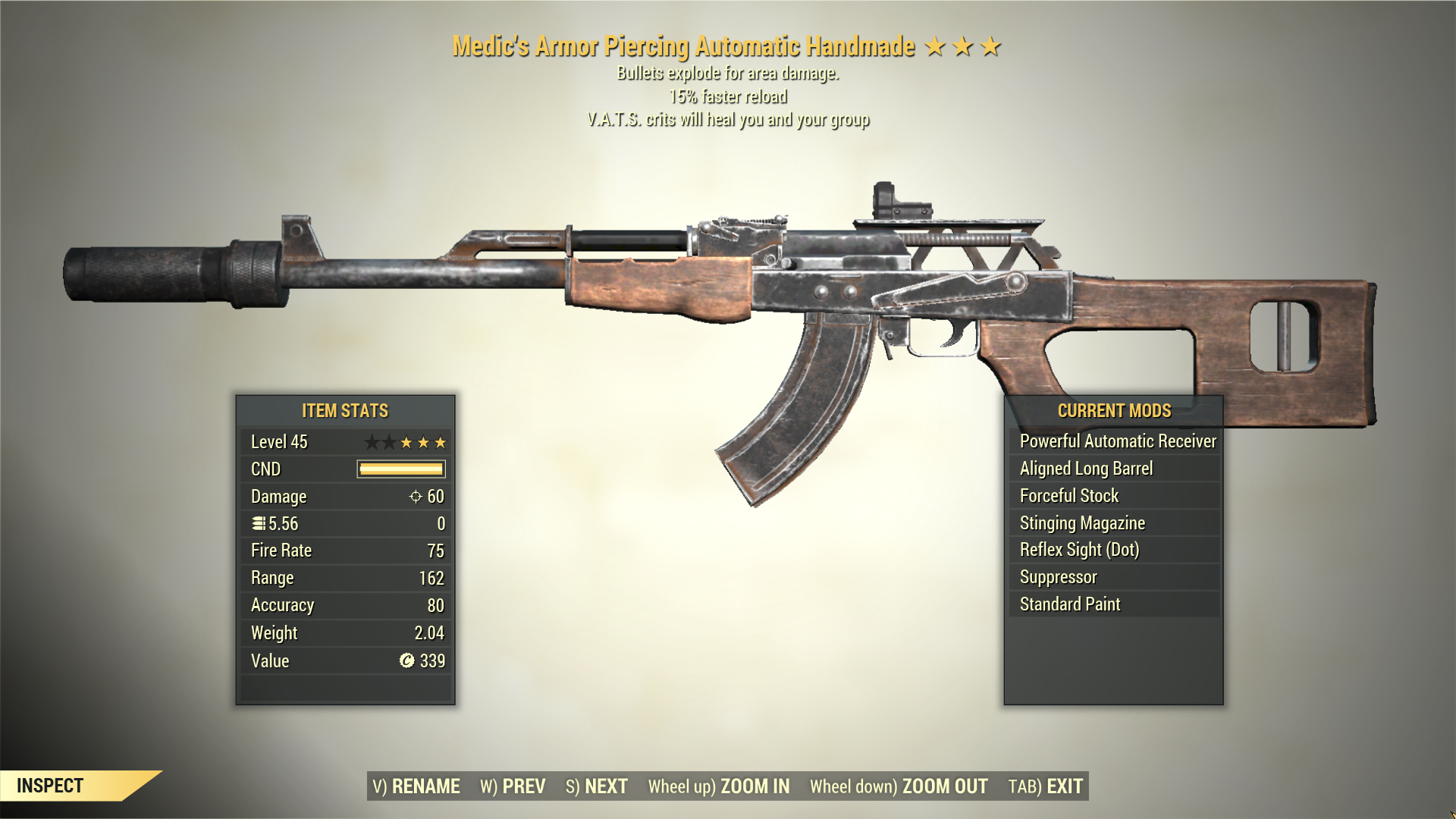 Screenshot of a Fallout 76 item for PC & Steam players, showing the stats.