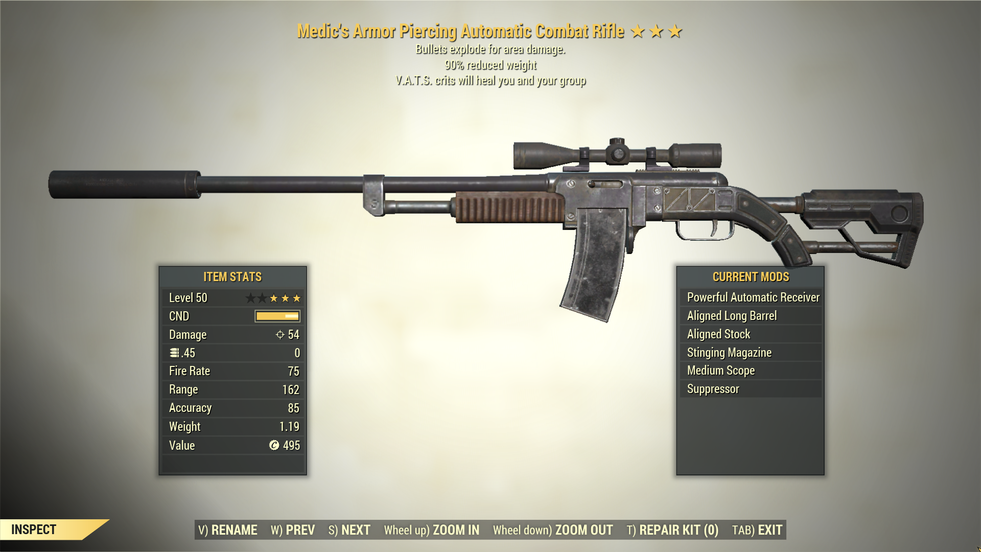 Screenshot of a Fallout 76 item for PC & Steam players, showing the stats.