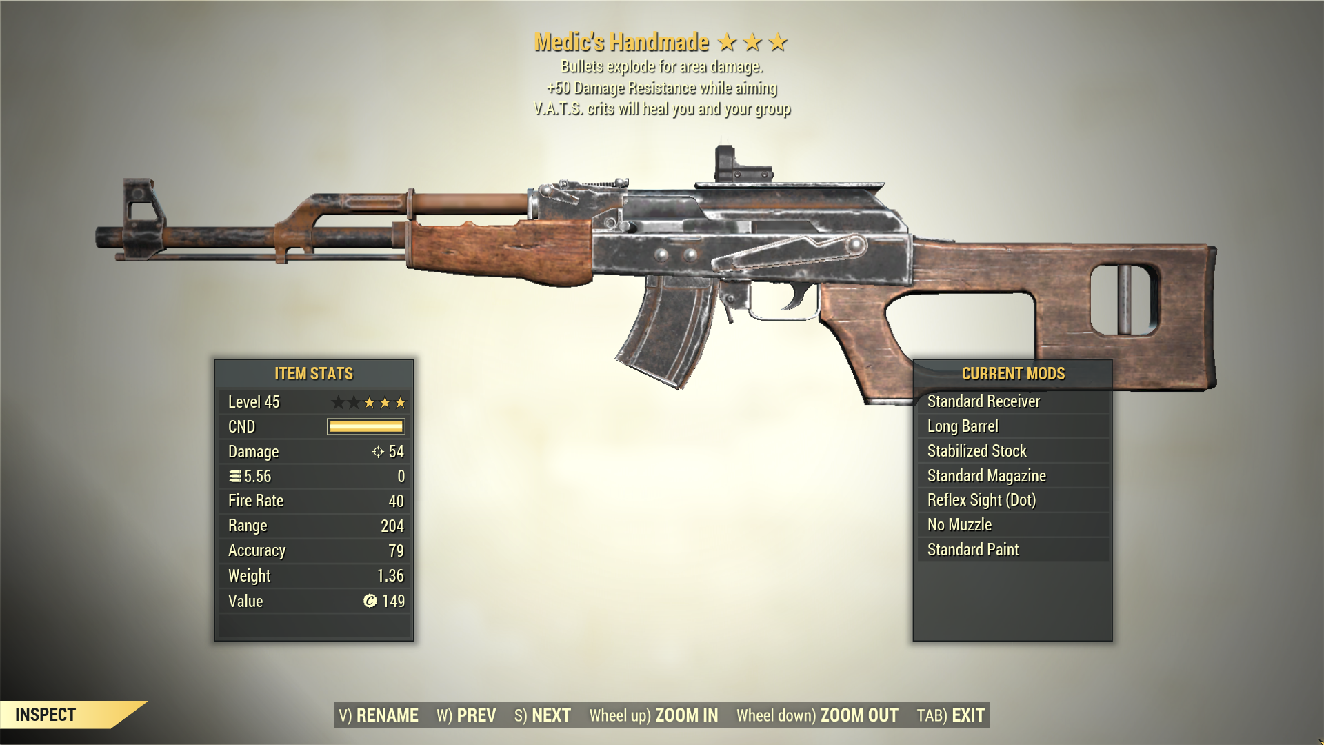 Screenshot of a Fallout 76 item for PC & Steam players, showing the stats.