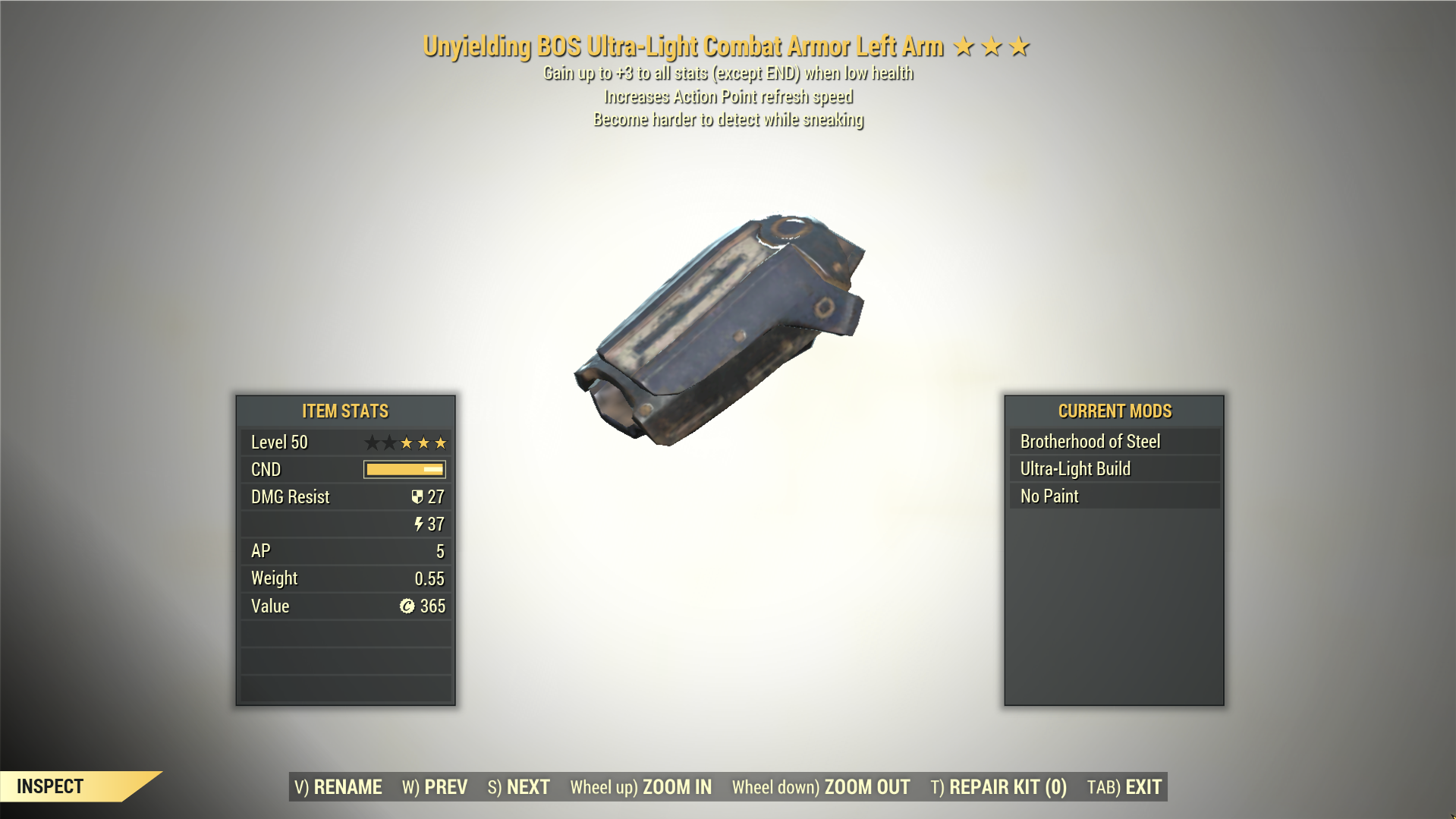 Screenshot of a Fallout 76 item for PC & Steam players, showing the stats.