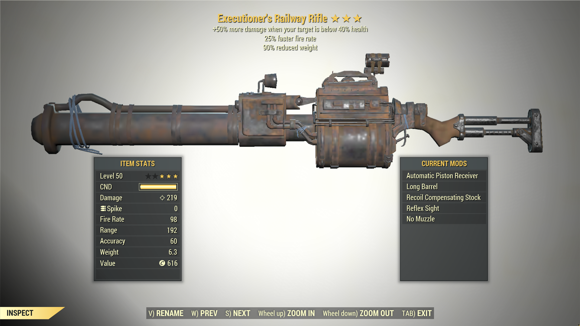 Screenshot of a Fallout 76 item for PC & Steam players, showing the stats.