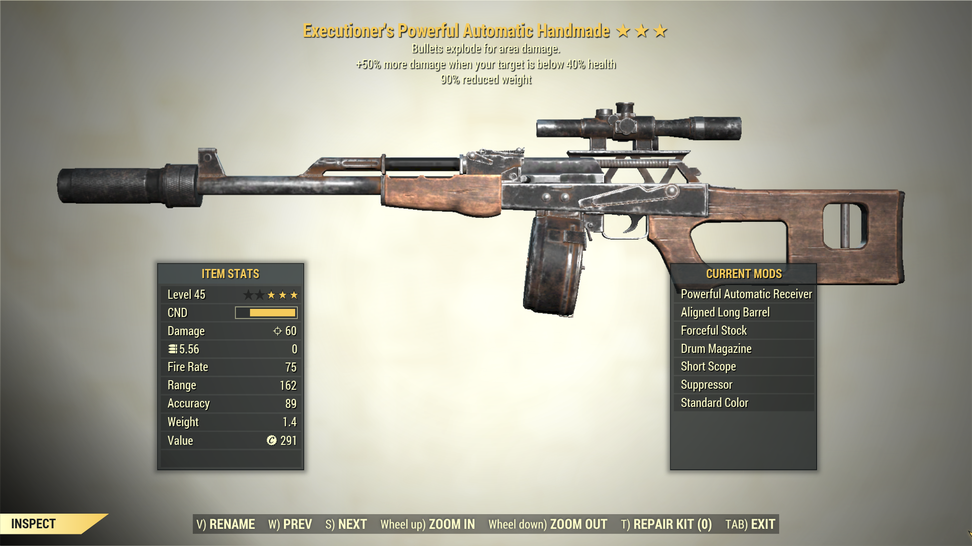 Screenshot of a Fallout 76 item for PC & Steam players, showing the stats.