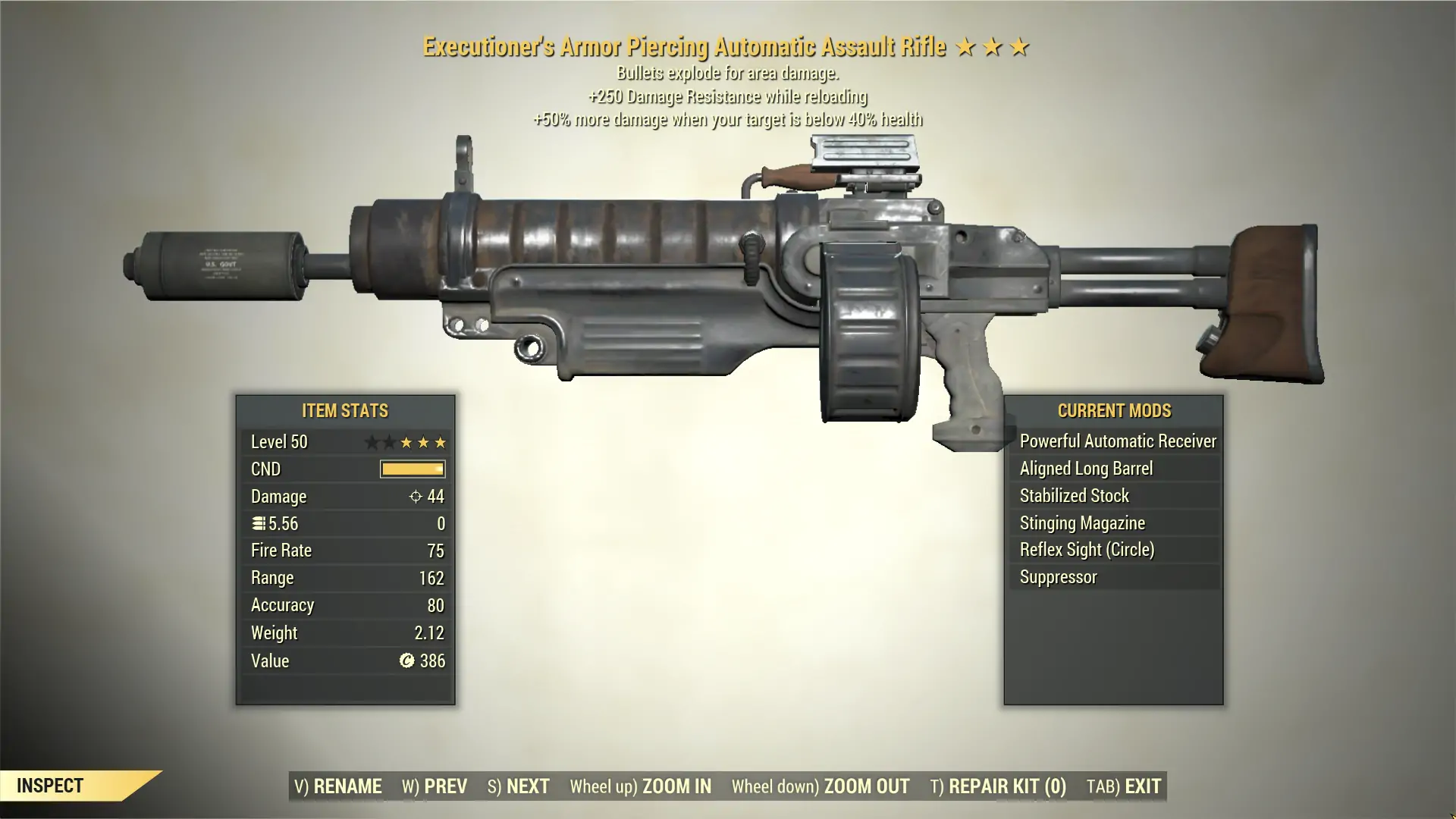 Screenshot of a Fallout 76 item for PC & Steam players, showing the stats.