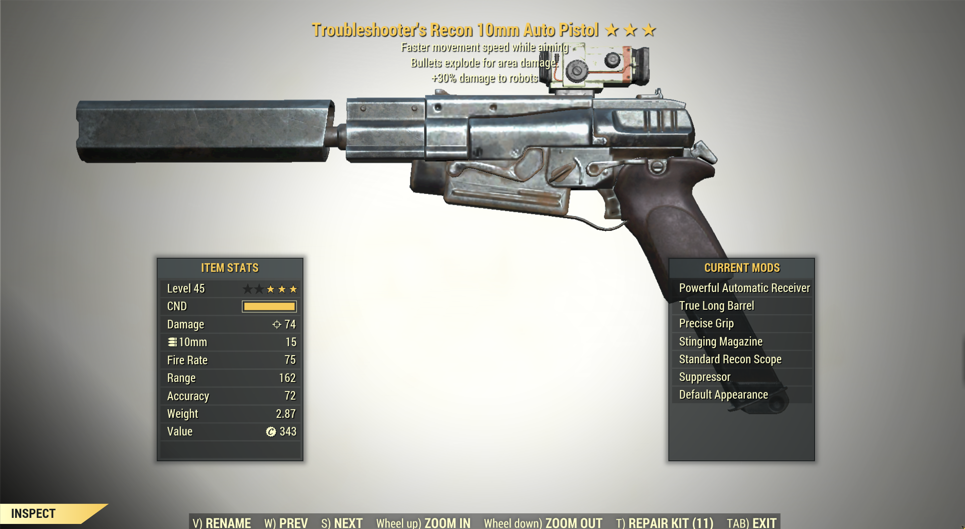 Screenshot of a Fallout 76 item for PC & Steam players, showing the stats.