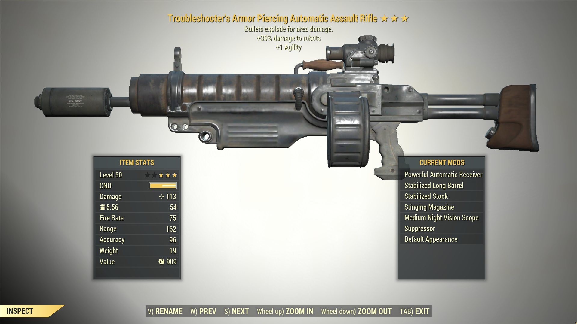 Screenshot of a Fallout 76 item for PC & Steam players, showing the stats.