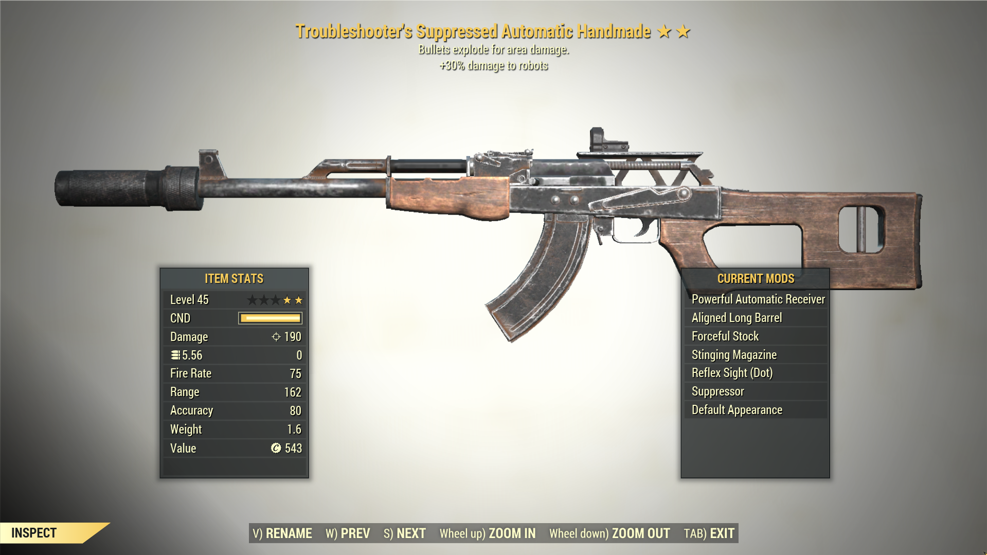Screenshot of a Fallout 76 item for PC & Steam players, showing the stats.