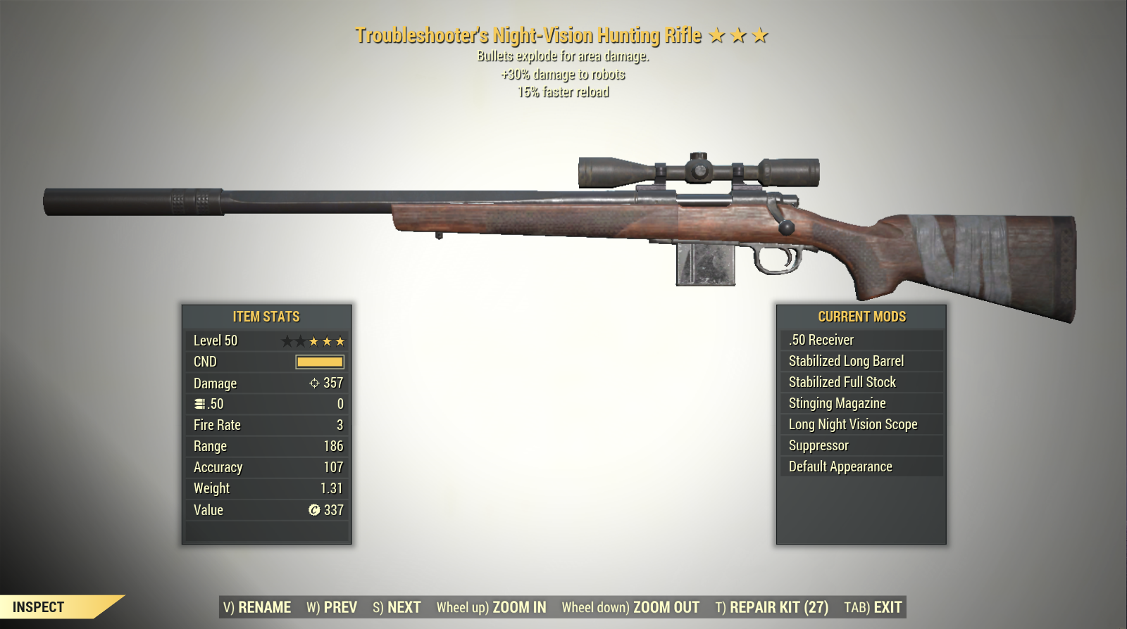Screenshot of a Fallout 76 item for PC & Steam players, showing the stats.