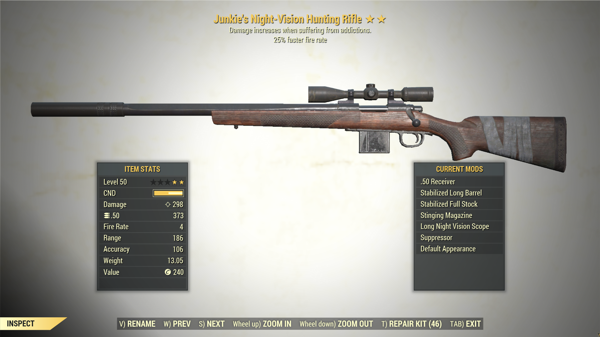 Screenshot of a Fallout 76 item for PC & Steam players, showing the stats.