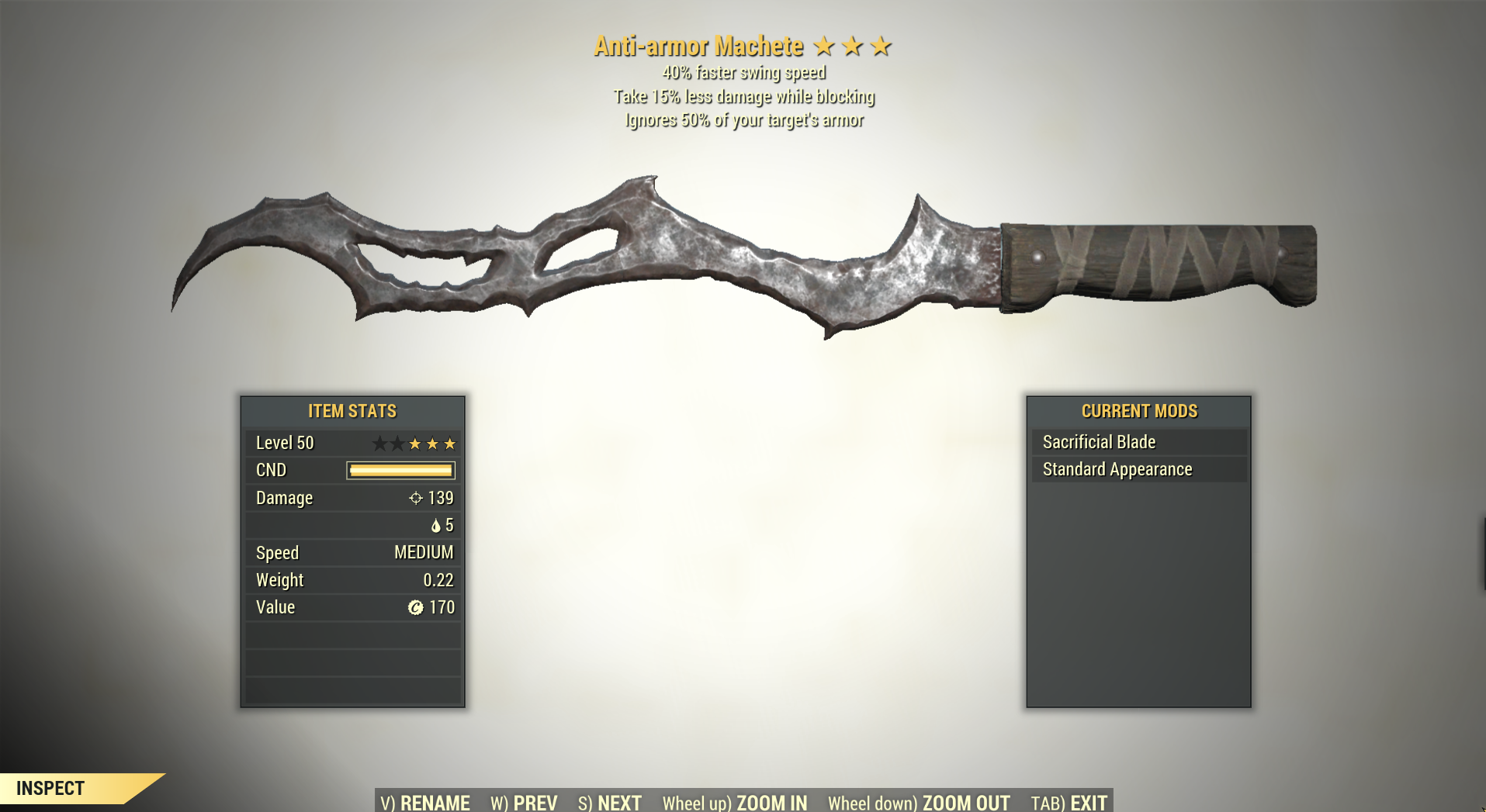 Screenshot of a Fallout 76 item for PC & Steam players, showing the stats.