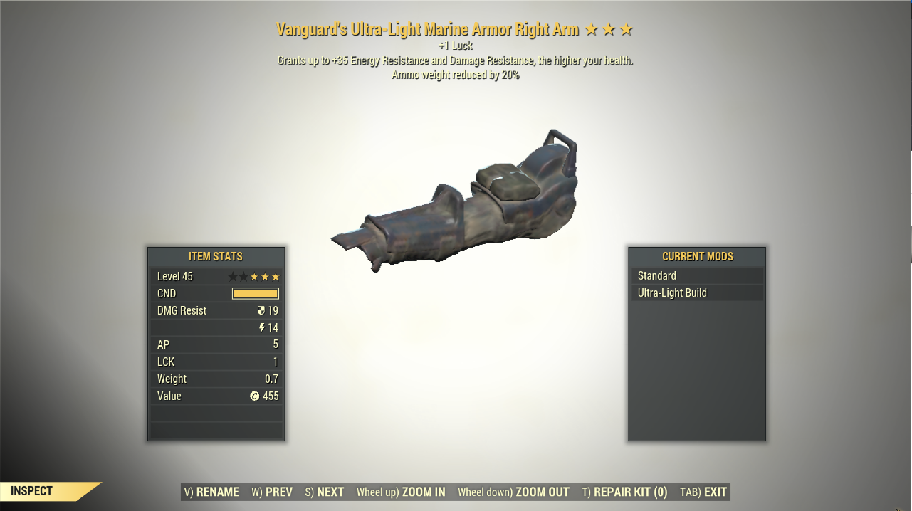 Screenshot of a Fallout 76 item for PC & Steam players, showing the stats.