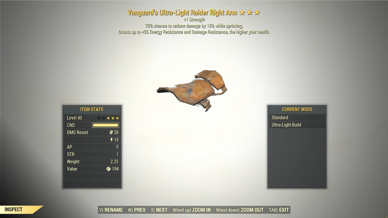 Screenshot of a Fallout 76 item for PC & Steam players, showing the stats.