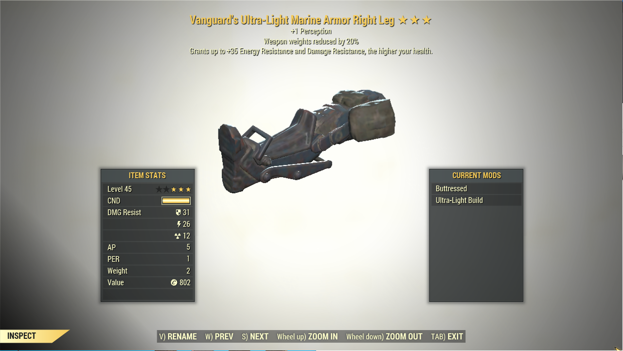 Screenshot of a Fallout 76 item for PC & Steam players, showing the stats.