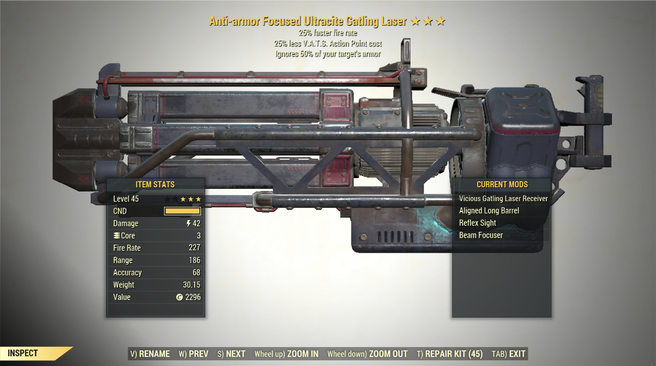 Screenshot of a Fallout 76 item for PC & Steam players, showing the stats.