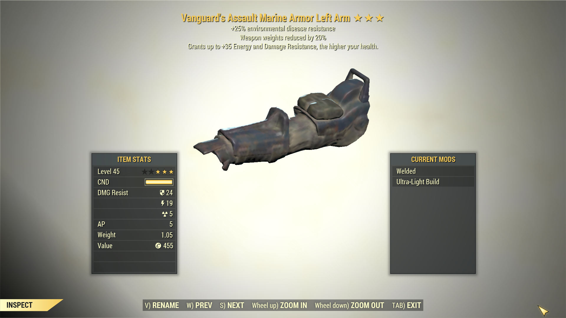 Screenshot of a Fallout 76 item for PC & Steam players, showing the stats.