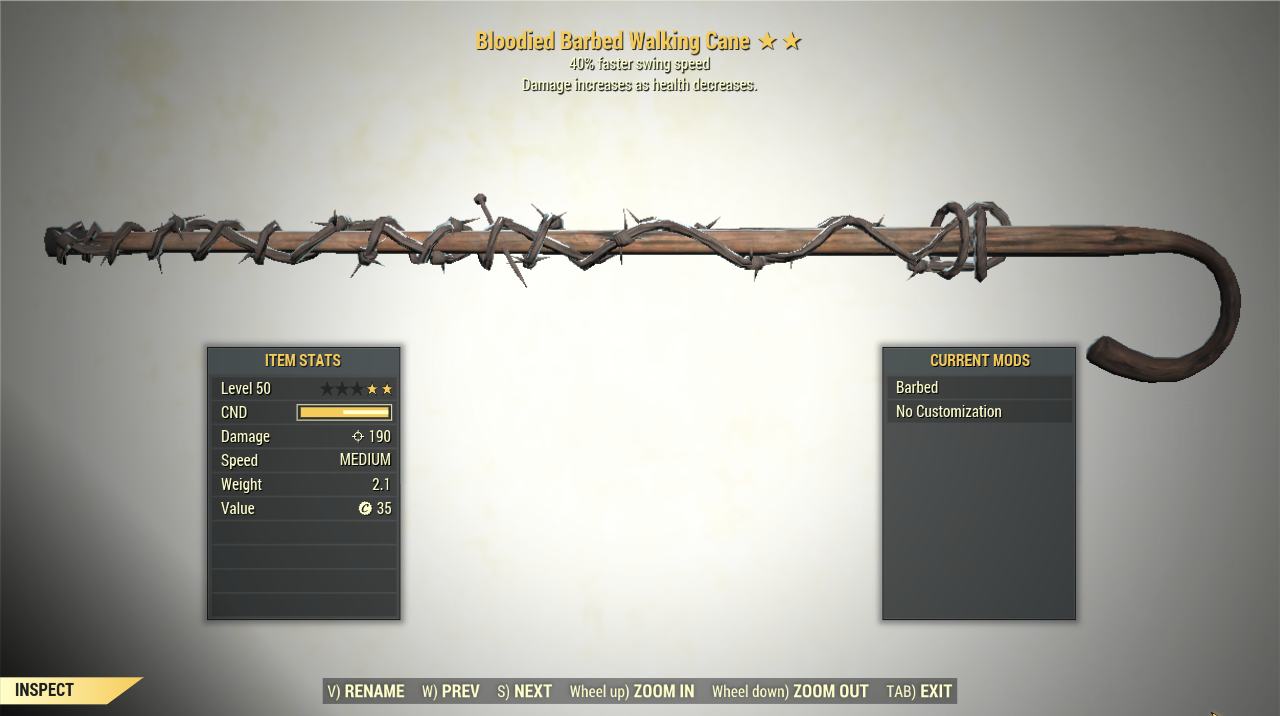 Screenshot of a Fallout 76 item for PC & Steam players, showing the stats.