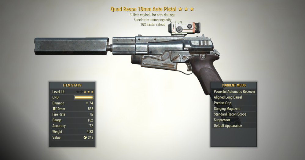 Screenshot of a Quad Explosive 10mm Pistol for Fallout 76 PC & Steam players, showing the stats.