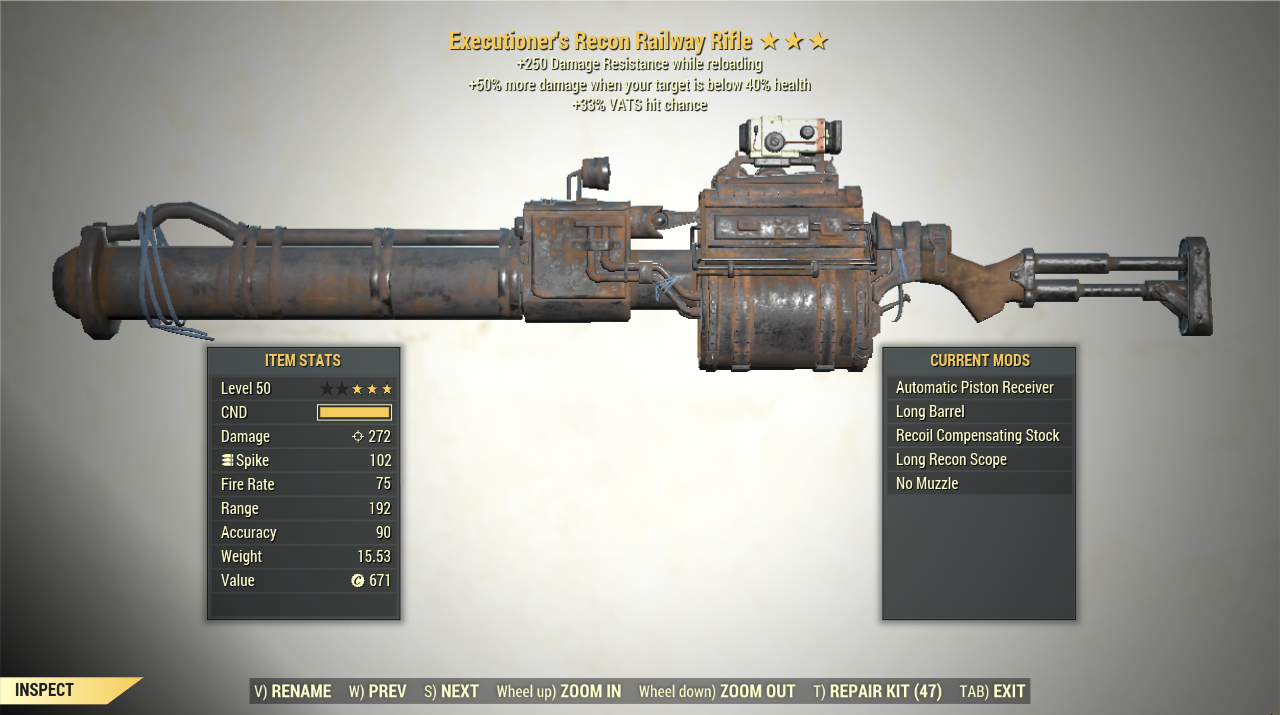 Screenshot of a Fallout 76 item for PC & Steam players, showing the stats.