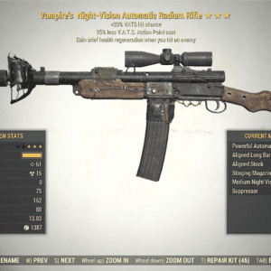 Screenshot of a Fallout 76 item for PC & Steam players, showing the stats.