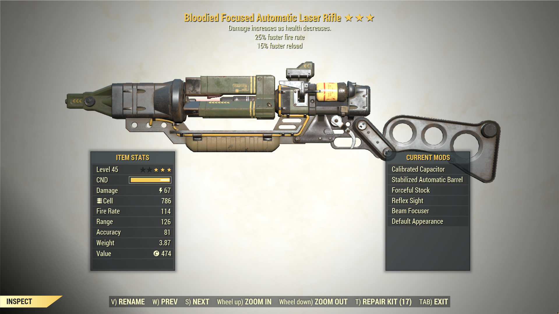 Screenshot of a Fallout 76 item for PC & Steam players, showing the stats.