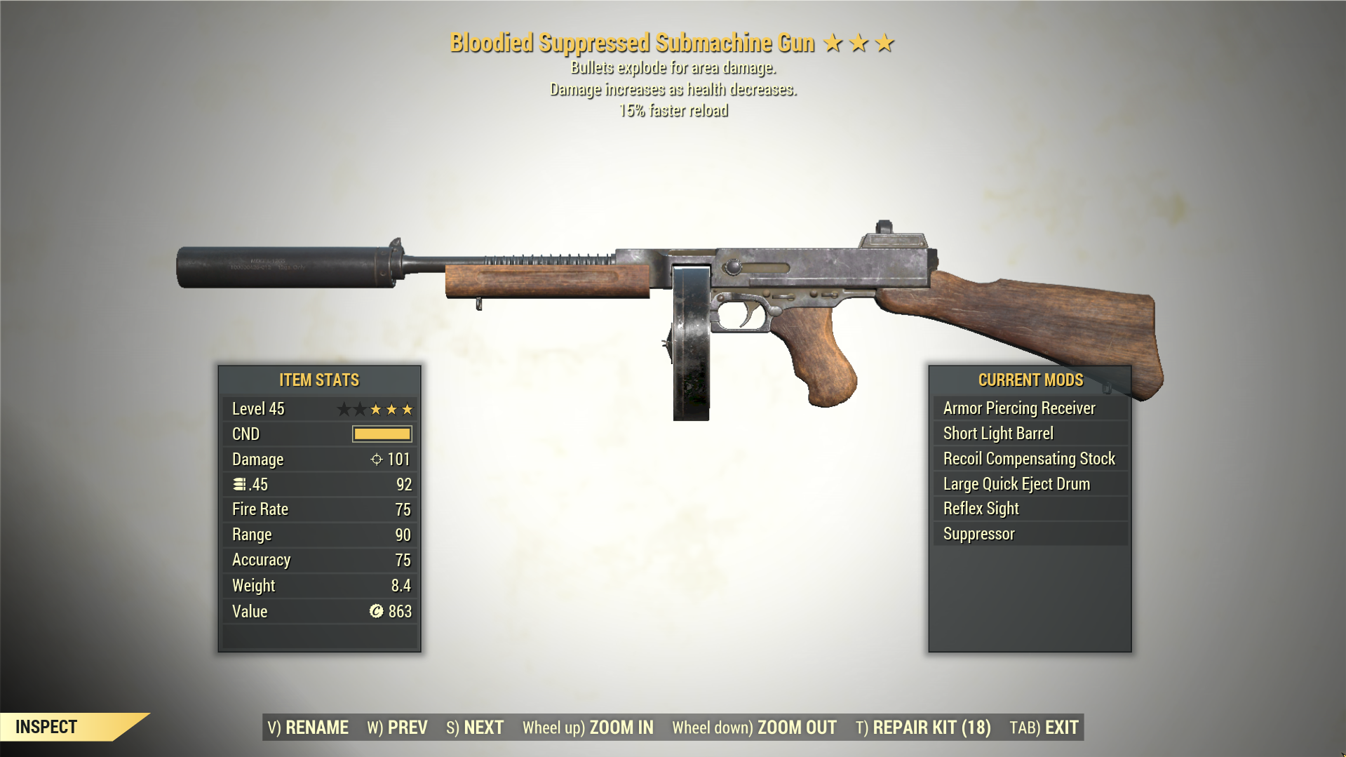 Screenshot of a Fallout 76 item for PC & Steam players, showing the stats.