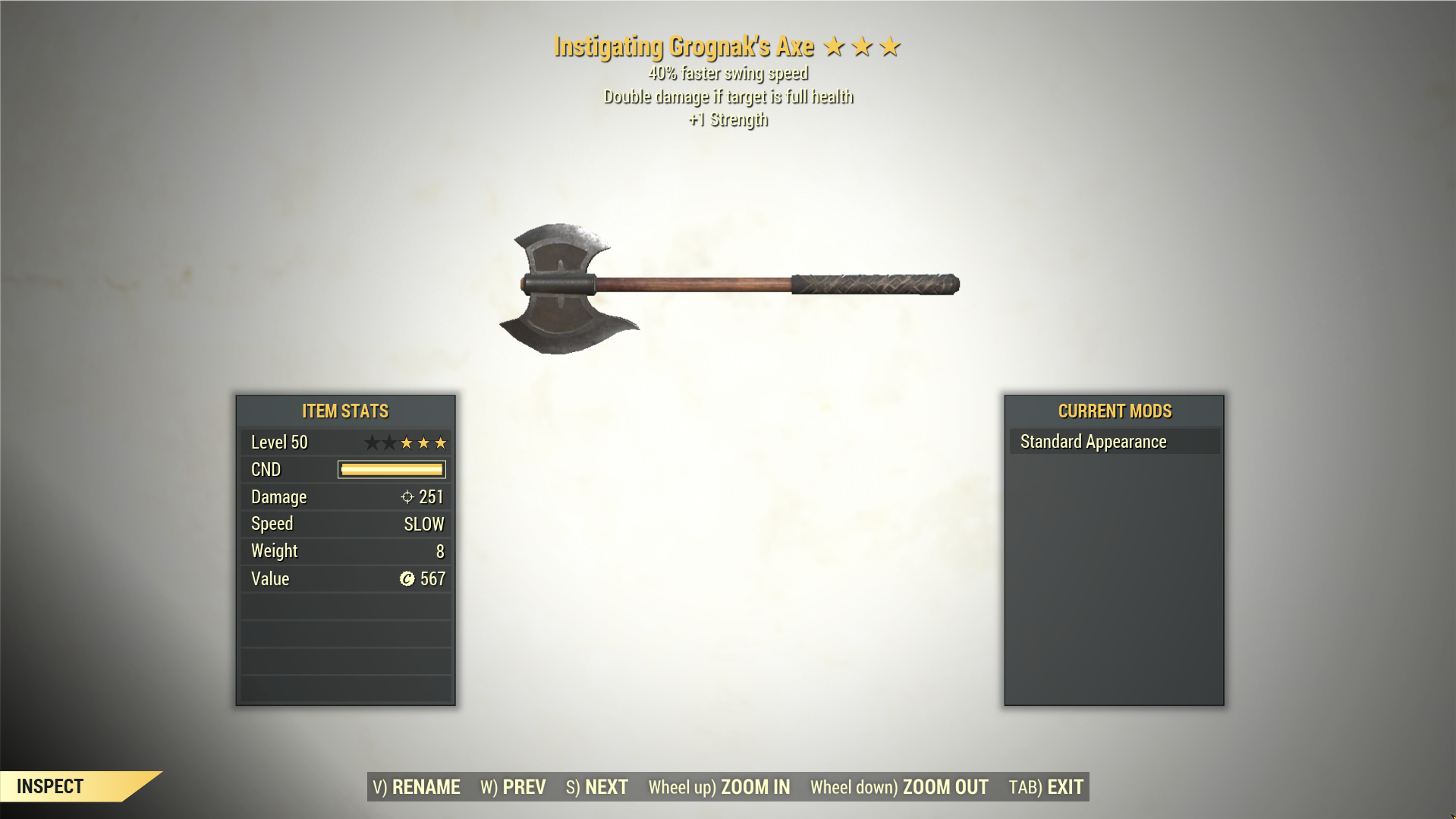 Screenshot of a Fallout 76 item for PC & Steam players, showing the stats.