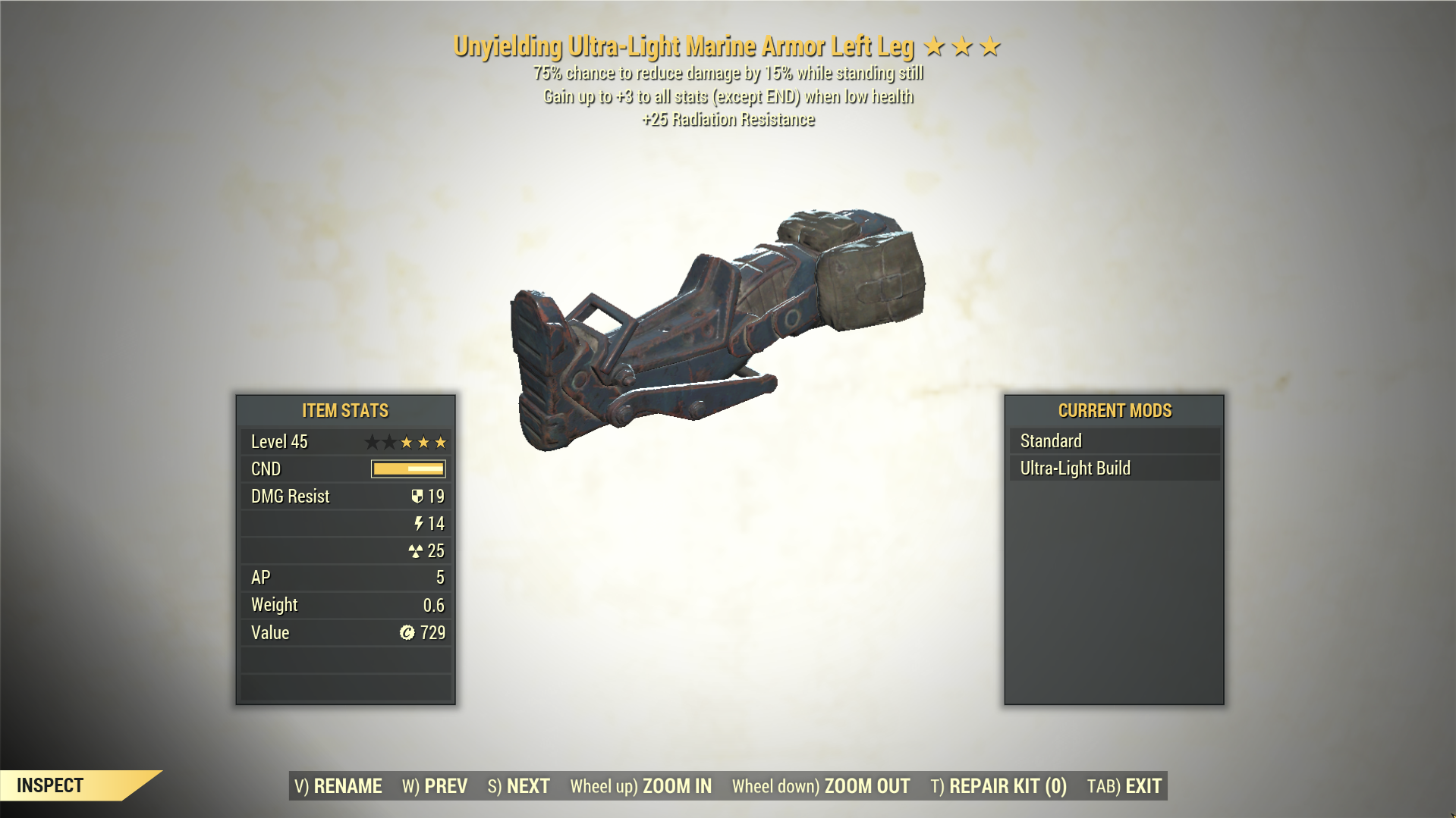 Screenshot of a Fallout 76 item for PC & Steam players, showing the stats.
