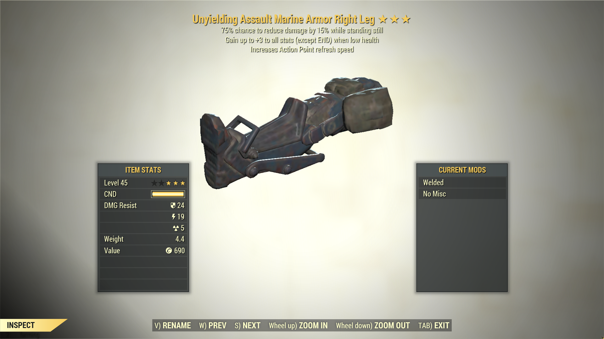 Screenshot of a Fallout 76 item for PC & Steam players, showing the stats.