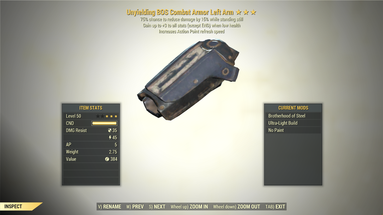 Screenshot of a Fallout 76 item for PC & Steam players, showing the stats.