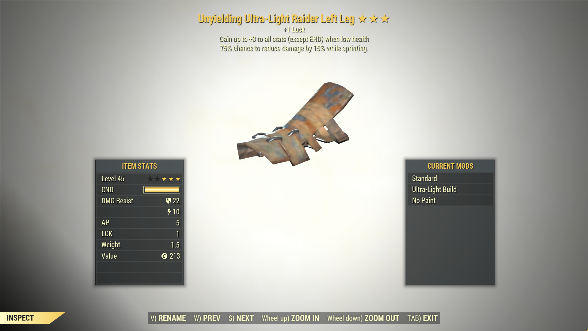 Screenshot of a Fallout 76 item for PC & Steam players, showing the stats.