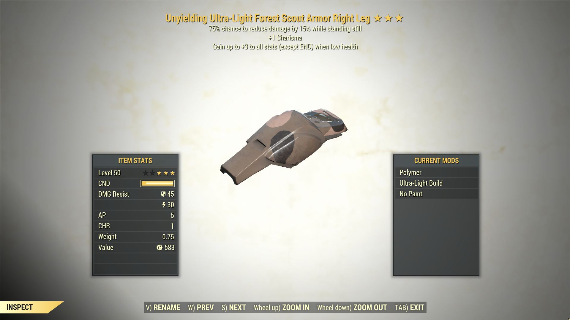 Screenshot of a Fallout 76 item for PC & Steam players, showing the stats.