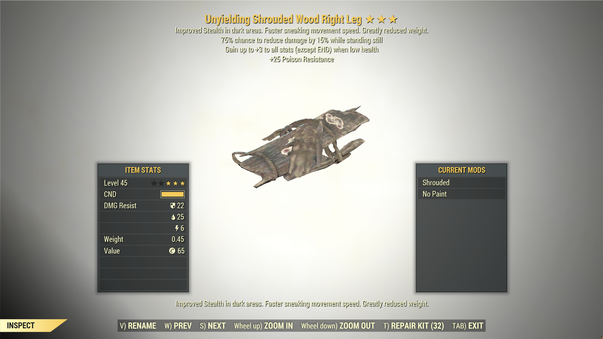 Screenshot of a Fallout 76 item for PC & Steam players, showing the stats.