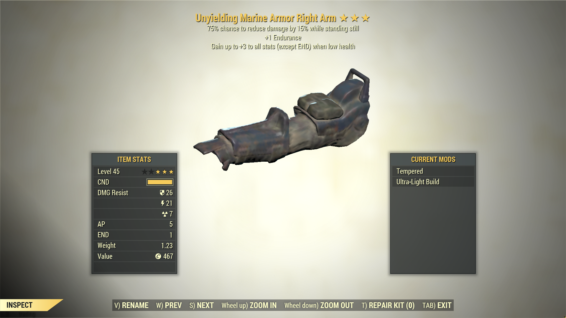 Screenshot of a Fallout 76 item for PC & Steam players, showing the stats.