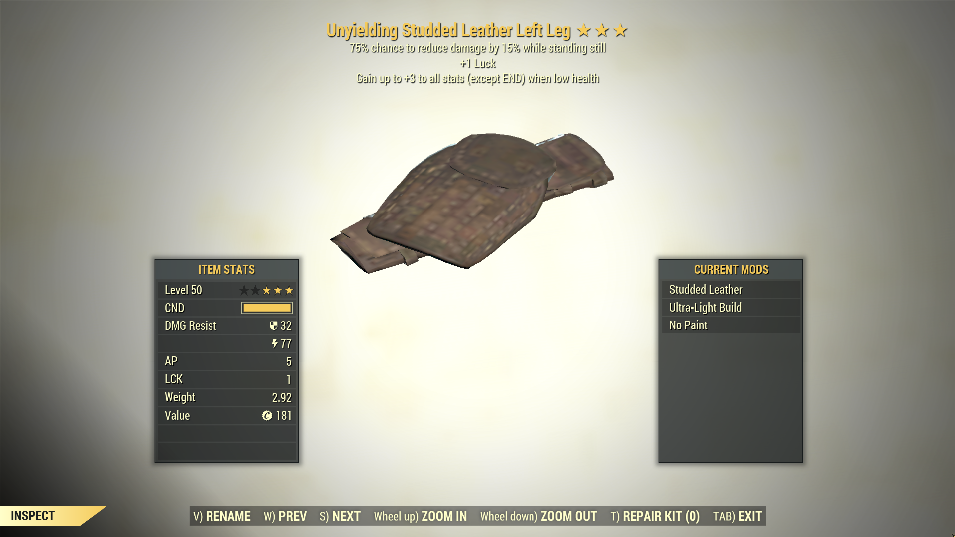 Screenshot of a Fallout 76 item for PC & Steam players, showing the stats.