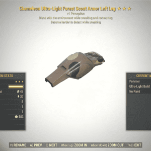 3* Chameleon Sneak FOREST SCOUT Armor Left Leg [+1 Perception] Fallout 76 (PC Only)