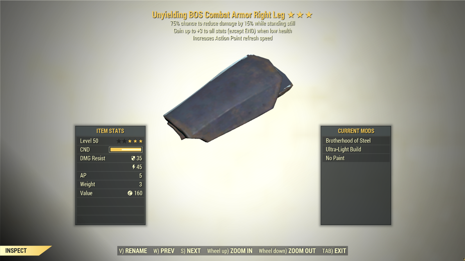 Screenshot of a Fallout 76 item for PC & Steam players, showing the stats.