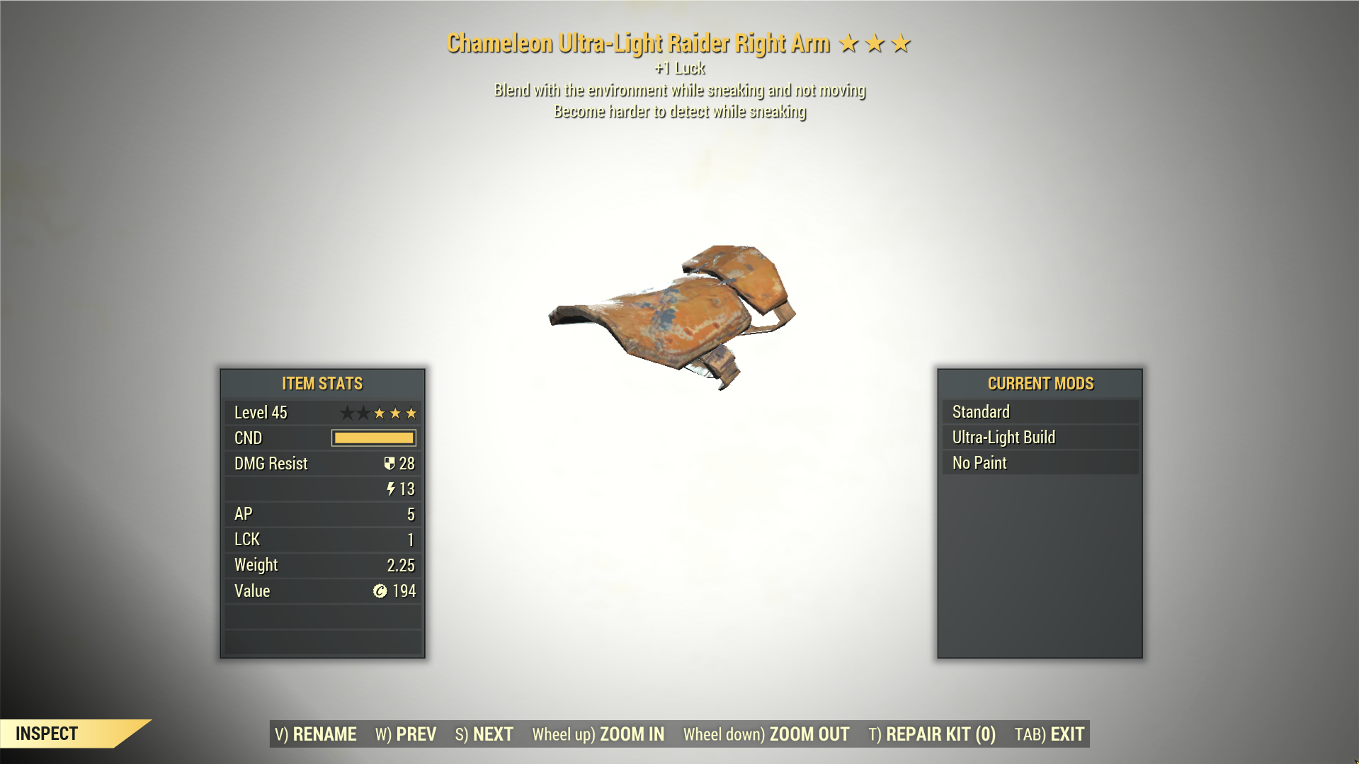 Screenshot of a Fallout 76 item for PC & Steam players, showing the stats.