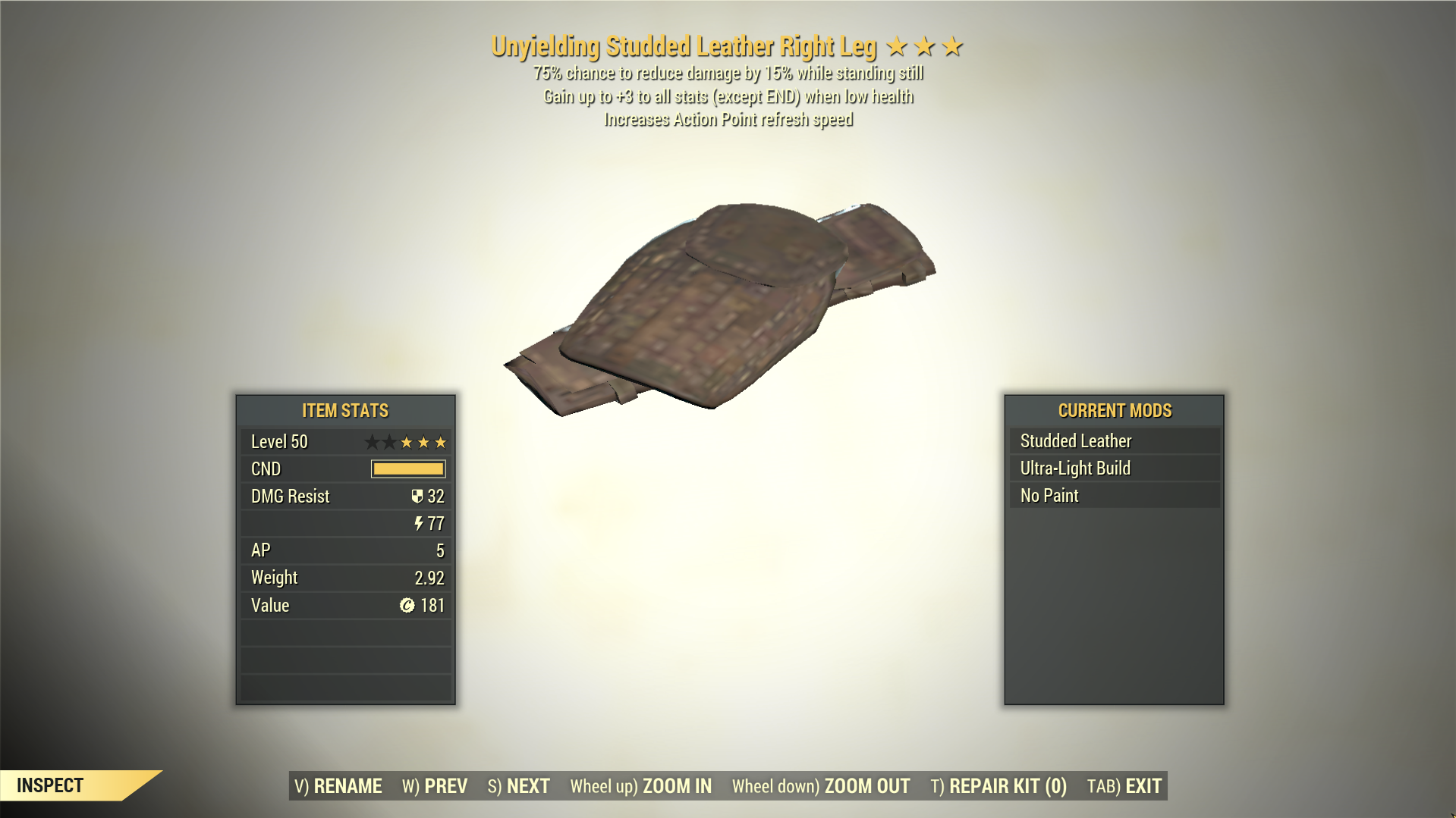 Screenshot of a Fallout 76 item for PC & Steam players, showing the stats.