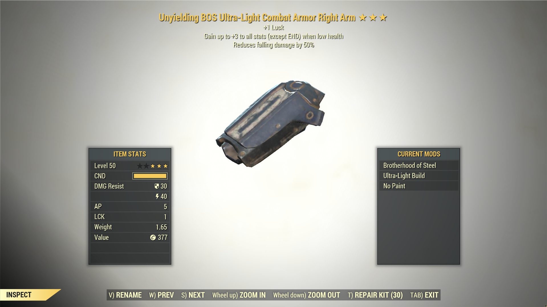 Screenshot of a Fallout 76 item for PC & Steam players, showing the stats.
