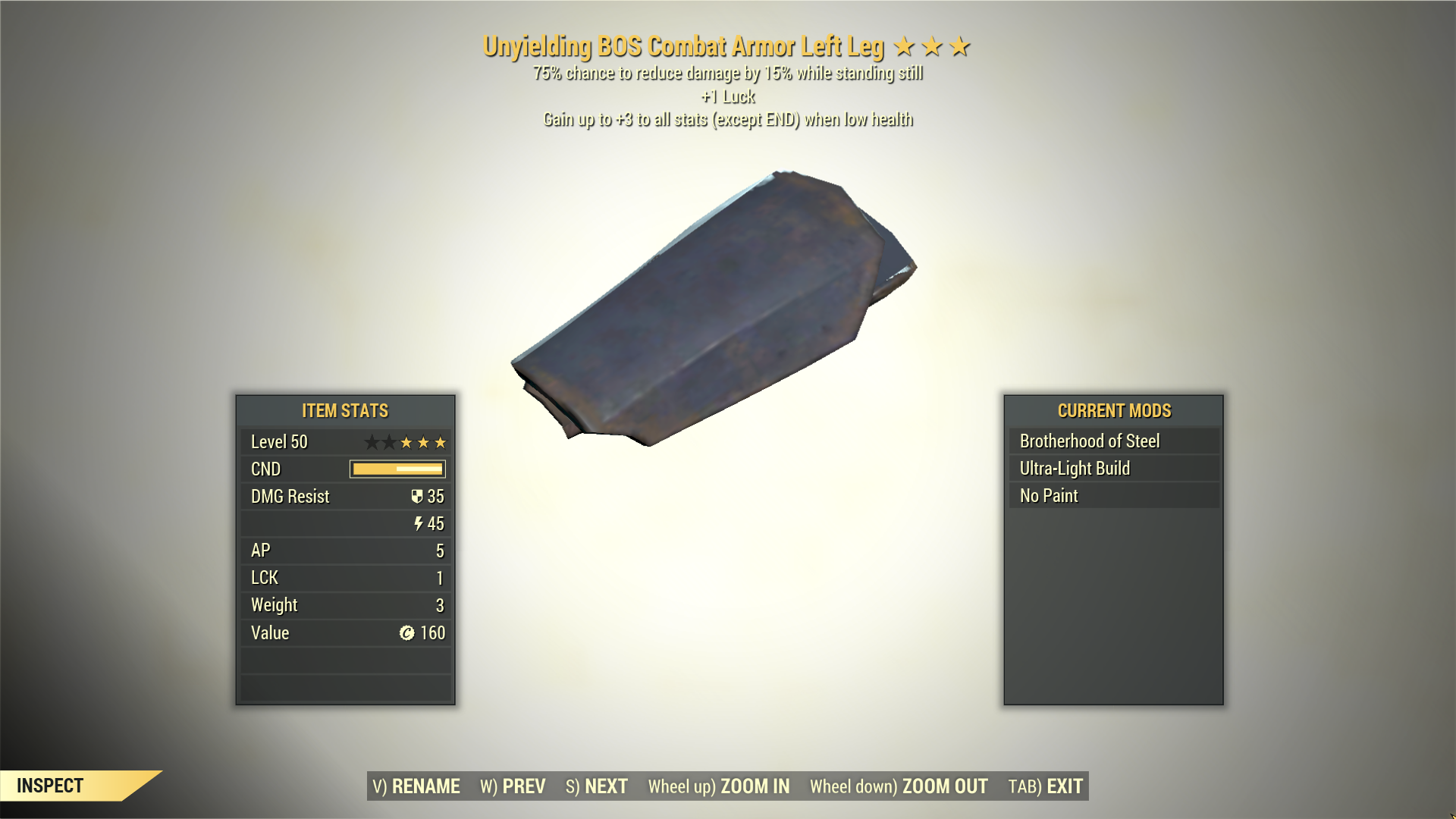 Screenshot of a Fallout 76 item for PC & Steam players, showing the stats.