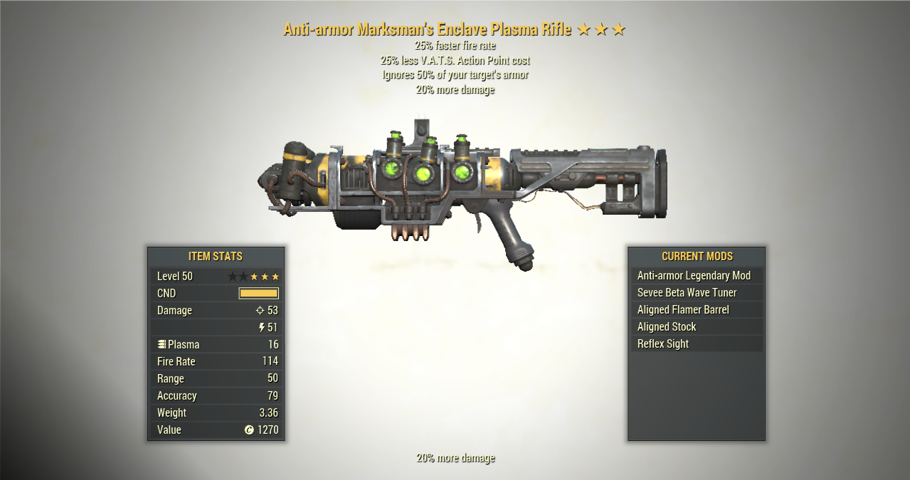 Screenshot of a Fallout 76 item for PC & Steam players, showing the stats.