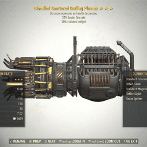Screenshot of Bloodied Fire Rate Gatling Plasma + 90W showing the stats.