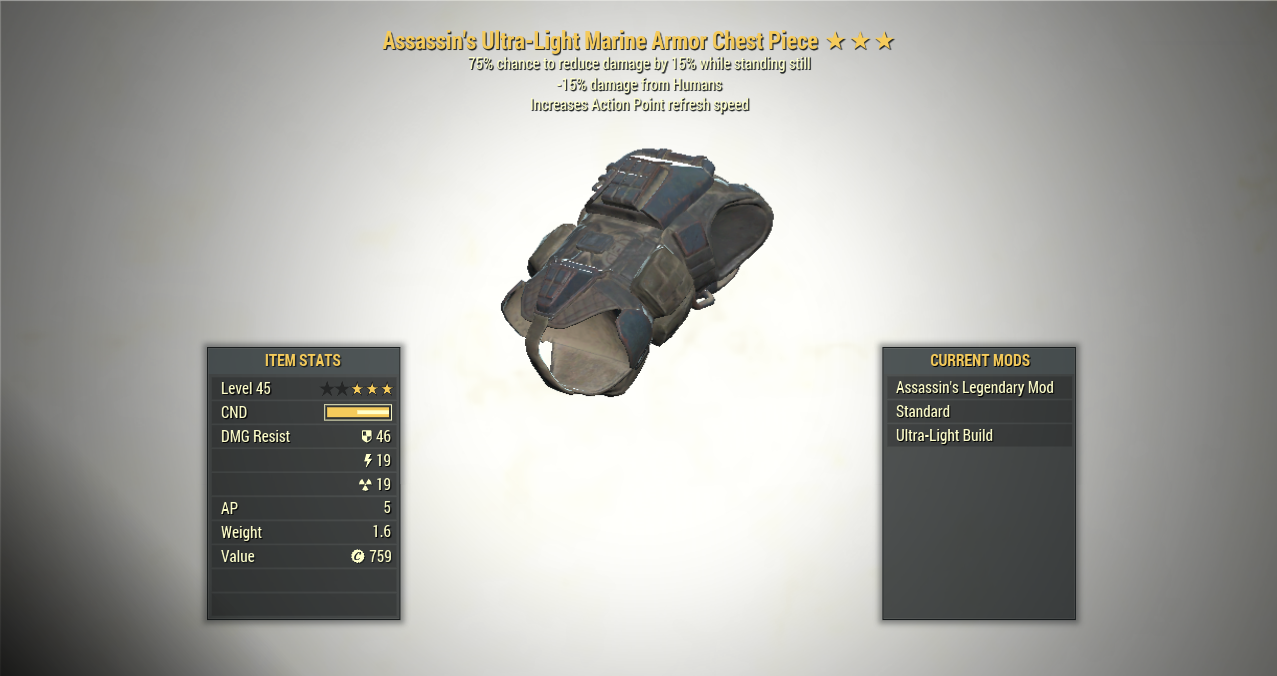 Screenshot of a Fallout 76 item for PC & Steam players, showing the stats.