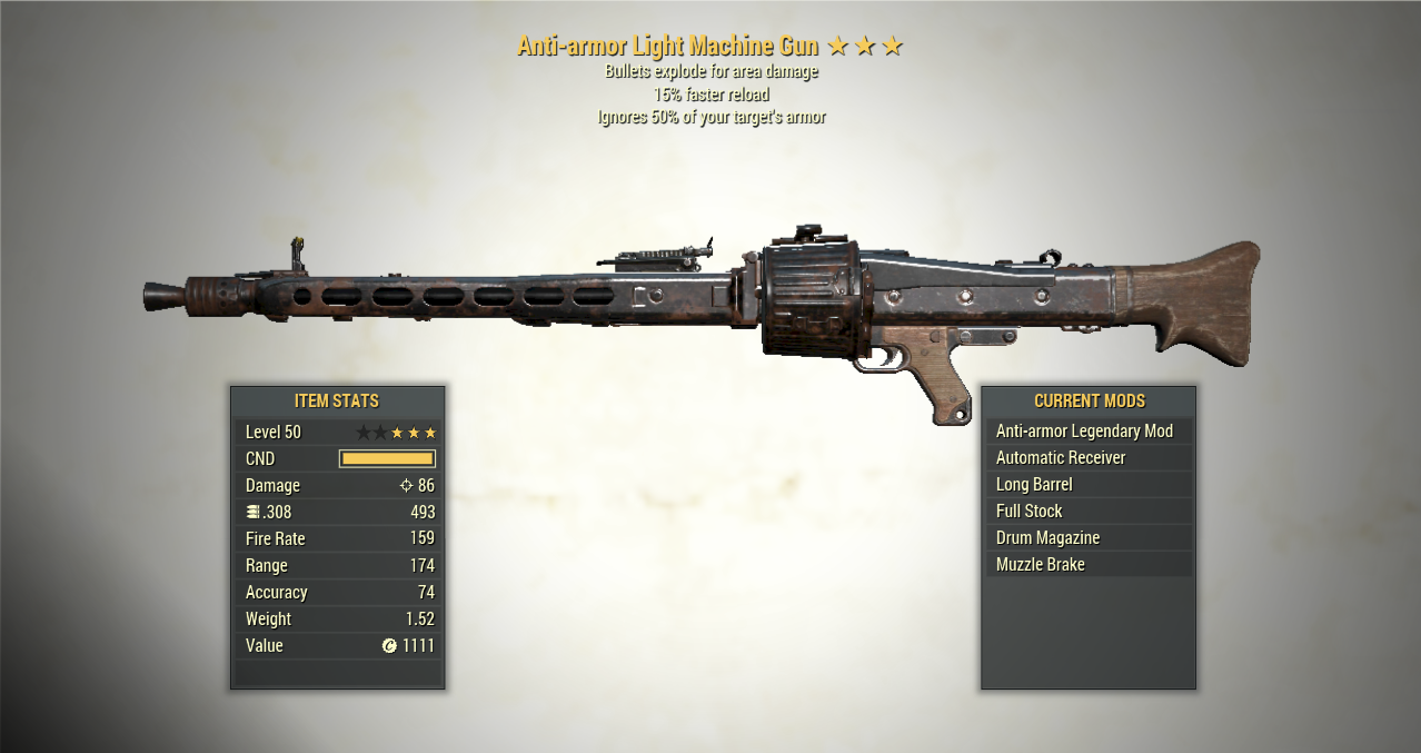 Screenshot of a Fallout 76 item for PC & Steam players, showing the stats.