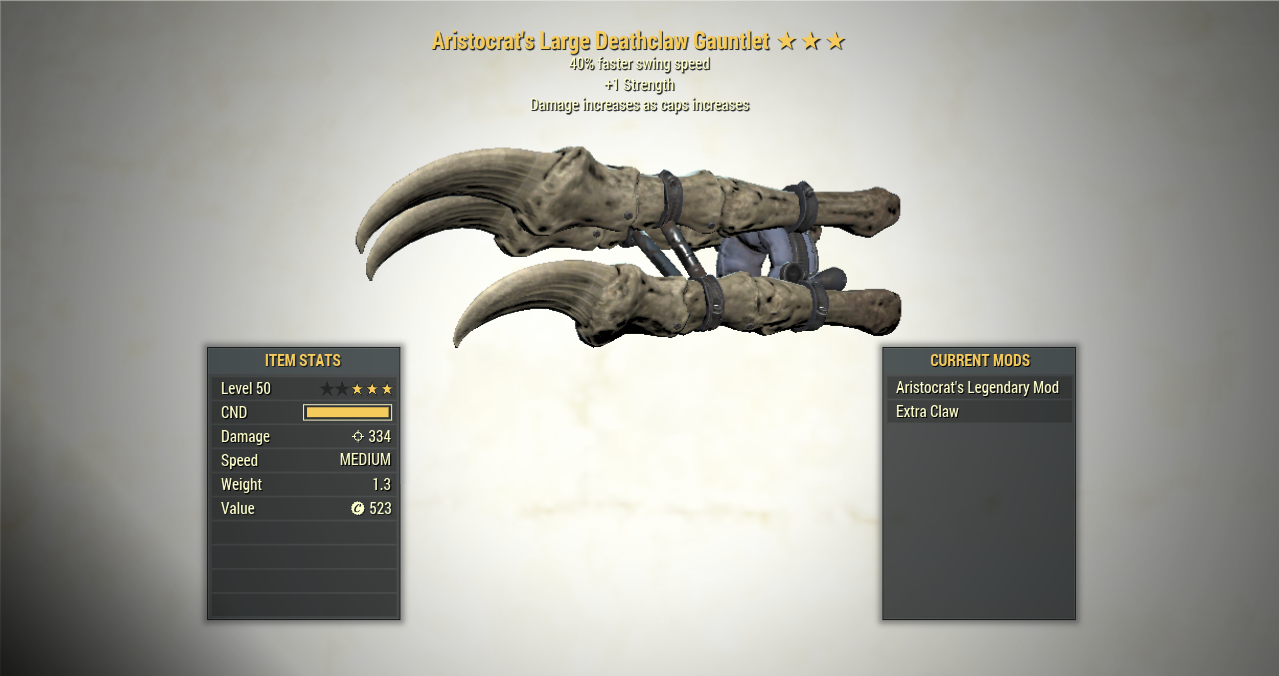 Screenshot of a Fallout 76 item for PC & Steam players, showing the stats.