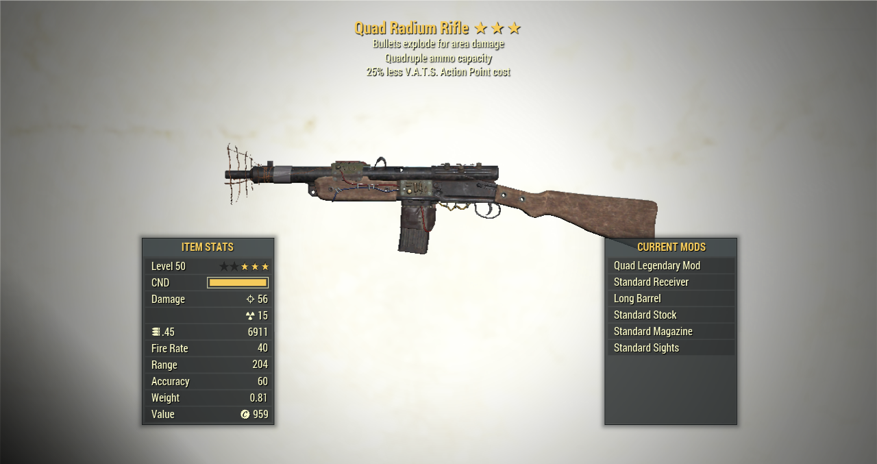 Screenshot of a Fallout 76 item for PC & Steam players, showing the stats.